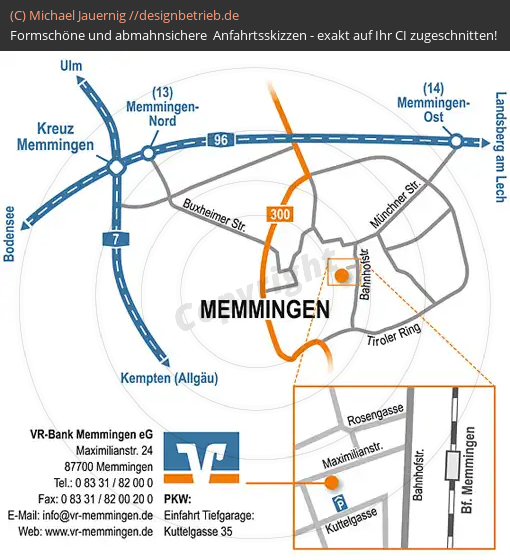 Anfahrtsskizzen erstellen / Anfahrtsskizze Memmingen (Großraum + Zoomkarte)   VR-Bank Memmingen eG (496)