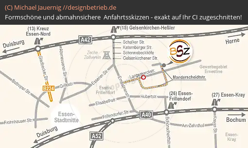 Anfahrtsskizzen erstellen / Anfahrtsskizze Essen Manderscheidtstraße 90 Anfahrtskarte mit dynamischen Maßstäben  BSZ Keramikbedarf GmbH (731)
